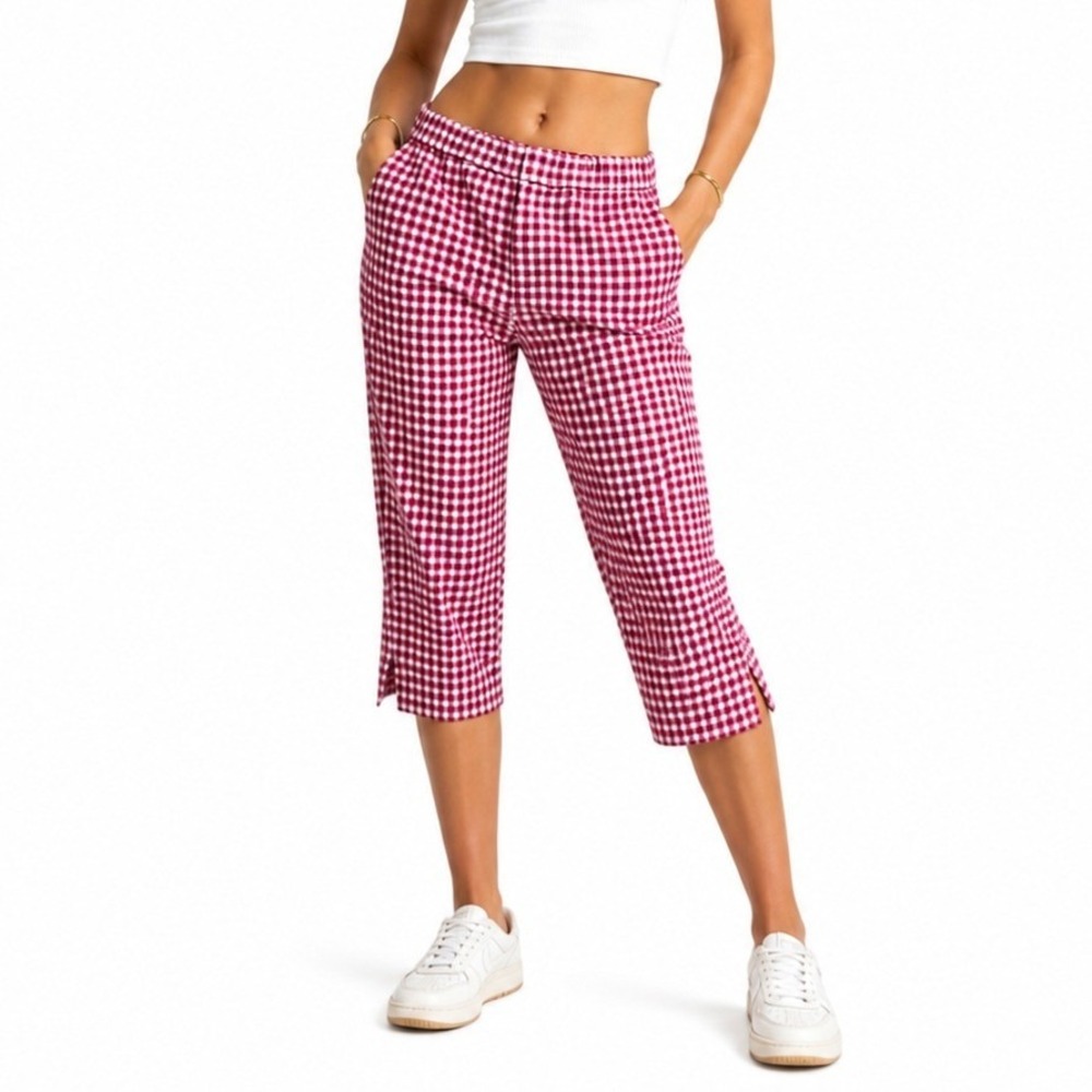 Susan Graver Weekend Pants Womens XSP Red Gingham Cropped Capri Stretch Coastal